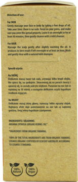 Tył brązowego opakowania certyfikowanego organicznego oleju arganowego z instrukcjami użycia na skórę i włosy.