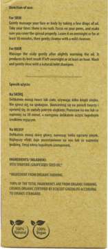 Tył opakowania organicznego olejku z pestek winogron z instrukcjami użycia na skórę/włosy i składem INCI.