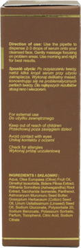 Tył ciemnobrązowego opakowania serum do twarzy z Bio-Retinolem i Ashwagandhą, widoczna lista składników i instrukcje.