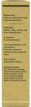 Tylny panel brązowego kartonika kremu pod oczy z kofeiną, pokazujący składniki i instrukcje użycia.