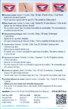 Tył opakowania ozdobnych kryształków na zęby, biała etykieta z wielojęzycznymi instrukcjami i składem produktu.