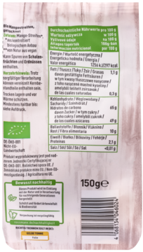 Tył opakowania suszonego mango enerBIO 150g z widoczną tabelą wartości odżywczych i kodem kreskowym.