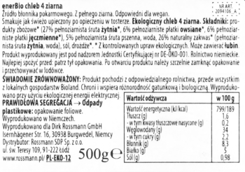 Tył opakowania enerBIO chleb 4 ziarna 500g. Ekologiczny, wegański. Widoczna tabela wartości odżywczych i skład.