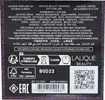 Bliskie ujęcie tylnej ścianki czarnego kartonowego opakowania perfum Lalique, z widocznym składem, kodem kreskowym i QR.