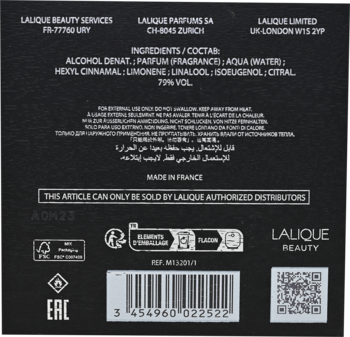 Tył czarnego opakowania perfum Lalique Encre Noir, z widocznym składem, kodem kreskowym i logo.