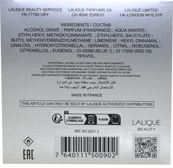 Tył srebrnego opakowania perfum Lalique Encre Noire Sport, z czarną listą składników i kodem kreskowym.