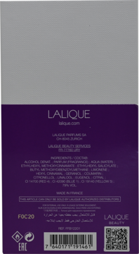 Tył fioletowego pudełka perfum Lalique Electric Purple z listą składników i kodem QR.
