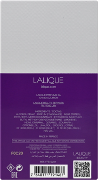 Tył fioletowego opakowania wody perfumowanej Lalique Electric Purple ze składnikami i kodem kreskowym.