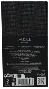 Tył czarnego, teksturowanego opakowania perfum Lalique Les Compositions Parfumees Woody Gold, widoczne składniki i kod.