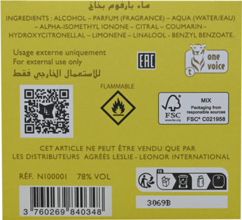 Tył żółtego opakowania perfum Lolita Lempicka, widoczne szczegóły składu, ostrzeżenia i kod kreskowy produktu.