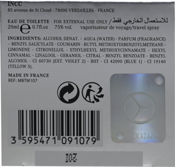 Tył opakowania zapachu The Move Eau de Toilette travel spray, z listą składników, kodem kreskowym i hologramem.