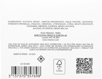 Tył opakowania perfum Nina Rouge, biała etykieta ze składem, kodem kreskowym, logo FSC i producentem Puig.