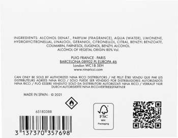 Tył opakowania wody perfumowanej Nina Ricci Nina Extra Rouge, widoczna lista składników, kod kreskowy, symbol łatwopalności.