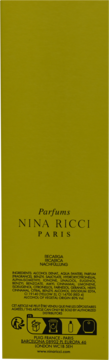 Tył oliwkowozielonego opakowania perfum Nina Ricci Paris z listą składników i danymi producenta.