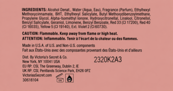 Tył opakowania wody perfumowanej Victoria's Secret Hardcore Rose. Różowe tło, skład INGREDIENTS, ostrzeżenia i dane producenta.