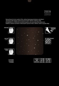 Tył czarnego opakowania rajstop Marilyn Crystal of Diamond 20 den z brokatem, detale, rozmiarówka, widok gwiezdnego pyłu.