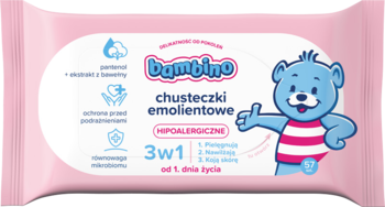 Różowe opakowanie hipoalergicznych chusteczek Bambino 3w1 z misiem, napis 'od 1. dnia życia', widok z przodu.