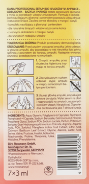 Tył opakowania serum Isana Professional Bazylia & Mango, z instrukcją użycia, składem i kodem kreskowym.