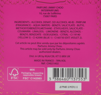 Tył różowego opakowania perfum Jimmy Choo Rose Passion z czarnym tekstem, składem i kodem kreskowym.