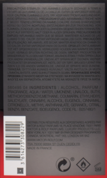 Tył ciemnoszarego opakowania perfum Viktor & Rolf Spicebomb Infrared, z widocznym kodem kreskowym i listą składników.