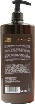 Tył brązowej butelki szamponu Frulatte Vitamin C Fiber Fortifying z czarną pompką, widoczny opis i skład.
