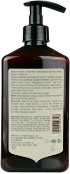 Tył brązowej butelki szamponu Arganicare Aloe Vera z czarną pompką, widoczne etykiety ze składem.