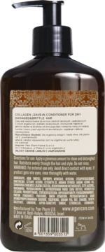 Tył brązowej butelki Arganicare Collagen Leave-in Conditioner, z widoczną listą składników i opisem.