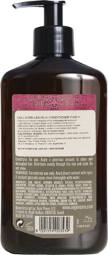 Arganicare Collagen Leave-In Conditioner Curly, tył butelki z ciemnego szkła, z etykietą ze składnikami.