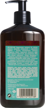 Tył brązowej butelki szamponu Arganicare Argan+Shea Butter z czarną pompką, widoczne etykieta i skład PL.