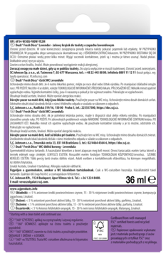 Fioletowo-biały tył opakowania Duck Fresh Discs Lavender, żelowego krążka do toalety 36 ml, z opisem.