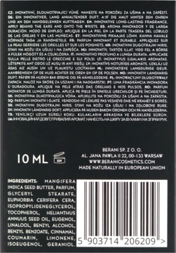 Tył czarnego opakowania perfum w sztyfcie Berani Maggiore 10 ml, z listą składników i danymi producenta.