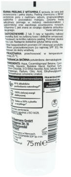 Tył białej tuby Isana Peeling z Witaminą C, widok z tyłu z opisem składników i użycia, 75 ml.