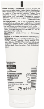 Tył białej tubki Isana Peeling z Witaminą C 75 ml, widoczne szczegóły składu, użycia i kod kreskowy.