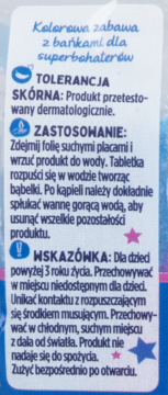 Biała etykieta tabletki do kąpieli Superbohaterowie z polskim tekstem o zastosowaniu i tolerancji skórnej.