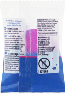 Tył saszetki z tabletką do kąpieli Superbohaterowie dla dzieci, widoczne różowo-niebieskie granulki i lista składników.