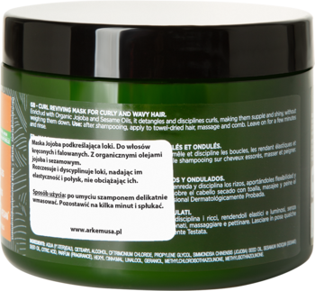 Tył zielonego słoika maski Green Arkemusa Jojoba dla włosów kręconych, z białą etykietą i opisem użycia.