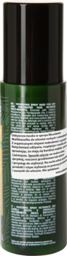 Tył ciemnozielonej butelki odżywczej maski w sprayu, z czarną zakrętką i białym tekstem w języku polskim.