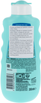 Garnier nawilżające mleczko po opalaniu z aloesem w turkusowej butelce, widok z tyłu z pełną etykietą.