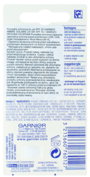 Tył opakowania pomadki ochronnej Garnier Ambre Solaire UV Ski SPF 50+, z polskim tekstem instrukcji i składnikami.