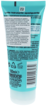 Tył turkusowej tubki Garnier Ambre Solaire After Sun 100ml, z portugalskim opisem i kodem kreskowym.