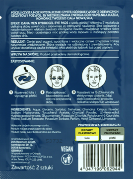 Isana Men Hydrogel Eye Pads, tył niebieskiego opakowania z piktogramami użycia, składem i kodem kreskowym.