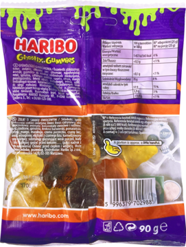 Tył fioletowego opakowania Haribo Ghostly Gummies z przezroczystym oknem ukazującym kolorowe żelki-duchy.