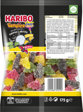 Tył opakowania Haribo Vampire SOUR 175g z okienkiem, ukazującym kwaśne żelki z lukrecją.