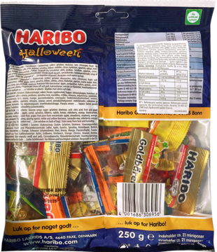 Ciemne opakowanie Haribo Halloween multipack z tyłu, waga 250g, widoczne mini-paczki żelków i kod kreskowy.