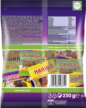 Tył fioletowej torebki Haribo 250g ze składnikami, kodem kreskowym i widocznymi małymi opakowaniami.