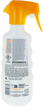 Biała butelka sprayu ochronnego SPF 30 z witaminą E i B-karotenem, widok tyłu z opisem.