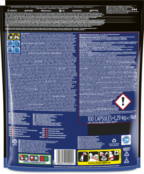 Tył ciemnoniebieskiego opakowania kapsułek Finish Ultimate Deep Clean & Shine, z instrukcjami, ostrzeżeniami, 100 kapsułek.