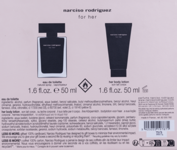 Tył różowego zestawu Narciso Rodriguez for Her: woda toaletowa i balsam 50ml, z nadrukami składów.