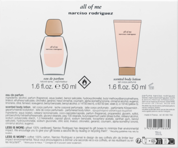 Tył opakowania zestawu Narciso Rodriguez All Of Me. Konturowe rysunki flakonu EDP i balsamu do ciała 50ml.