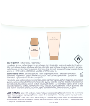 Tył opakowania zestawu Narciso Rodriguez All Of Me z ilustracjami perfum i balsamu, składniki.